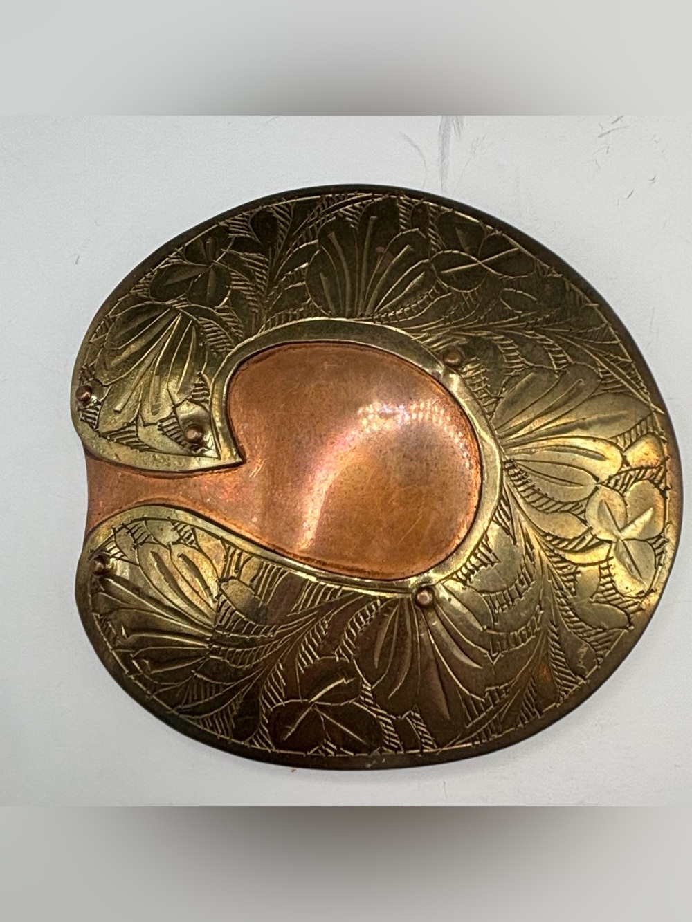 Vintage Brass Copper Belt Buckle Hand Engraved Floral Mixed Metal Artisan 1970s